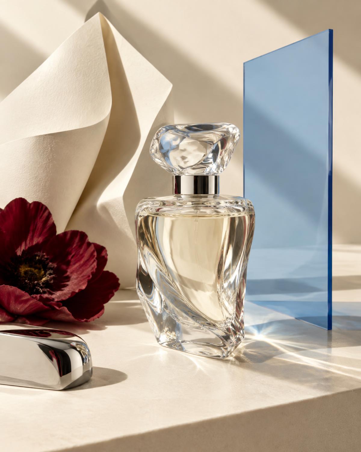 Editorial still life of fragrance, paper and blue glass